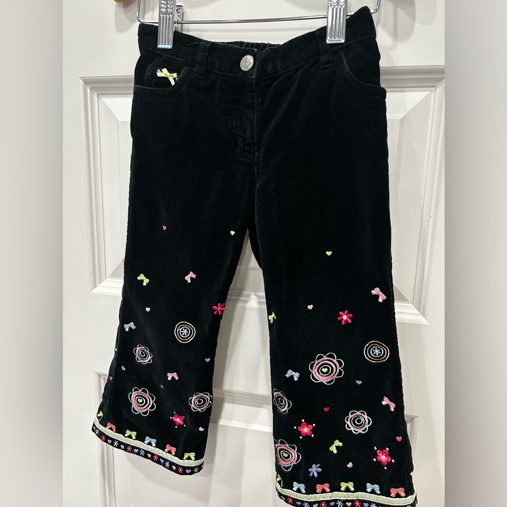 VINTAGE 100% Cotton Tablots Kids Velvet Black Floral Embroidery Pants 90’s - Picture 2 of 7